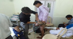 A patient being examined in a free artificial limb camp on Saturday.