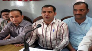 Members of ReT Teacher Forum addressing a press conference at Jammu on Friday. -Excelsior/Rakesh