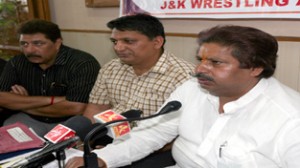 Minister for Sports Raman Bhalla and president Jammu and Kashmir Wrestling Association, Dushyant Sharma addressing media persons in Jammu.  -Excelsior/Rakesh