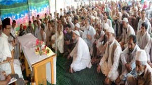 Minister for Finance Abdul Rahim Rather addressing public gathering at Budgam on Monday.