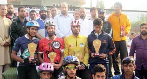 Winners of Cycle Race posing for a group photograph in Srinagar.