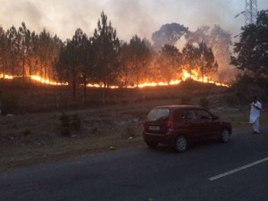 Massive forest fire in Kalidhar, near Chowki Chora on Thursday evening.