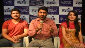 Director Natrang Padamshree, Balwant Thakur addressing the media at Natrang Studio Theatre in Jammu.