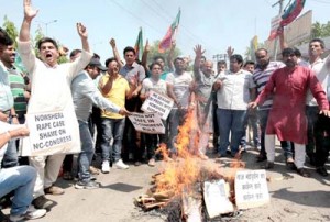 BJYM activists protesting in front of Press Club Jammu on Wednesday.       	        -Excelsior/Rakesh