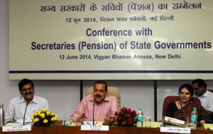 Dr Jitendra Singh addressing a conference of State Secretaries dealing with pensions at Vigyan Bhawan, New Delhi on Thursday.