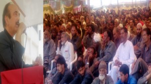 Senior Congress leader Ghulam Nabi Azad addressing a public meeting at Inderwal.