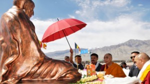 Tibetan spiritual leader Dalai Lama unveiling statue of Kushok Bakula Rinpoche at Leh on Sunday.