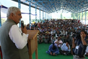PDP patron Mufti Mohd Sayeed addressing public meeting at Batote on Friday. 
