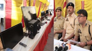 SSP Jammu Atul Goel briefing media persons about recovery of stolen items and arrest of burglars during a press conference at Janipur police station on Monday.—Excelsior/Rakesh