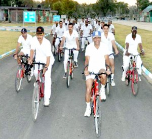 Cyclists sweating-it-out during a rally in Jammu on Saturday.