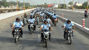 The Air Force Station Jammu  personnel participating in the motor cycle rally as a part of Road Safety Week celebrations.