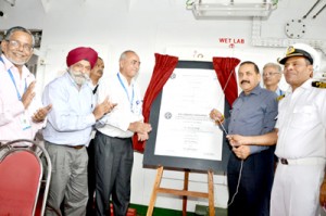 Union Minister Dr Jitendra Singh dedicating to the nation indigenously built Research Ship 'Sindhu Sadhana' at Marmugao Harbour of Goa.
