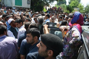 PDP president Mehbooba Mufti addressing a public meeting at Bijbehara on Saturday.