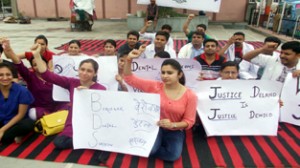 Dental surgeons raising slogans during protest at Jammu on Tuesday. —Excelsior/Rakesh