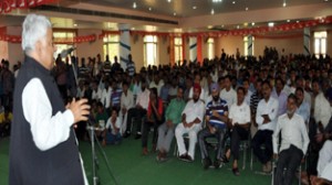 Minister for Planning Ajay Sadhotra addressing a youth convention at Jammu on Saturday. 