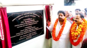 Minister for Housing, Raman Bhalla inaugurating library at Udhampur on Thursday.