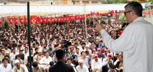 Chief Minister Omar Abdullah addressing NC workers’ meeting at Wachi on Thursday.