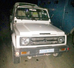 A police vehicle attacked by militants at Pampore in Pulwama on Wednesday. Another pic on page 6. -Excelsior/Younis Khaliq