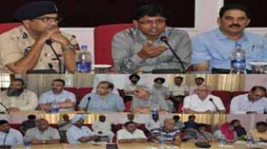 DDC Ajeet Kumar Sahu chairing a meeting of prominent citizens at Jammu on Thursday.