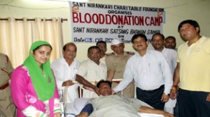 Dignitaries at the blood donation camp organized by Sant Nirankari Charitable Foundation at Samba on Sunday.