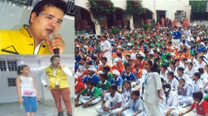 Director and artists of the film, Bacche Mann Ke Sacche, during promotion of the film at Shiksha Niketan School, Jeevan Nagar in Jammu.