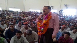 Dr Jitendra Singh addressing a public gathering at Basohli on Saturday. -Excelsior/Madan