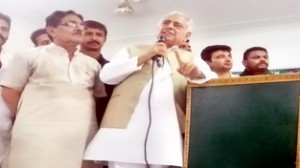 PDP patron Mufti Mohd Sayeed addressing party workers at Jammu on Thursday.