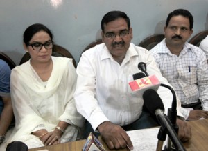 President of CTA addressing a press conference at Jammu on Sunday. -Excelsior/Rakesh