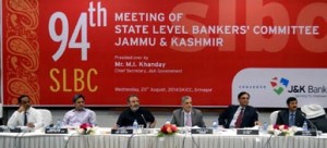 Chief Secretary, Mohd Iqbal Khanday, CEO JK Bank Mushtaq Ahmad and others during SLBC meeting on Wednesday.