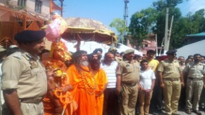 Annual Charri Yatra being received at Akhara Mandir in Poonch on Monday. -Excelsior/ Harbhajan