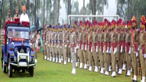 Minister for Planning, Ajay Sadhotra inspecting I-Day Parade at Udhampur.