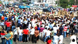 People protesting at Bari Brahmana on Wednesday. -Excelsior/ Gautam