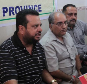 Kuldeep Sharma, president, J&K Revised National TB Control Programme Employees Association, Jammu Division and others addressing press conference on Sunday.