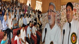 Minister for Health, Taj Mohi-ud-Din and Minister of State for Health, Nazir Ahmad Khan speaking during a seminar on Thursday.