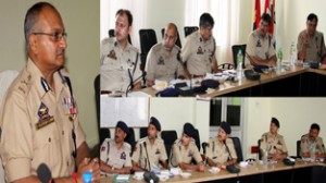 DGP K Rajendra Kumar addressing a meeting of traffic police officers at Srinagar on Monday.