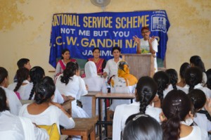 Noted social activist, Bhausaheb Bhawar addressing an awareness programme at GCW Gandhi Nagar, Jammu on Tuesday.