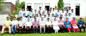 9th batch of MBA in Kathua campus posing for a group photo during induction programme on Thursday.
