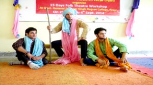 Participants showing their skills during Dogri folk theatre workshop at Reasi.