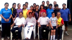 Selected badminton players posing for a group photograph alongwith officers, office bearers of Association and officials in Jammu.