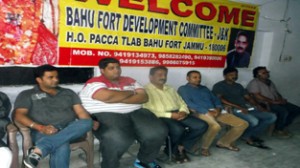 Volunteers during a meeting of BFDC at Bahu Fort on Sunday.