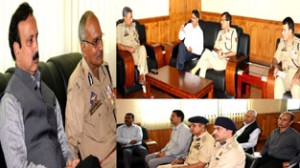 Minister of State for Home, Sajad Ahmed Kichloo chairing a meeting of senior police officers at PHQ on Thursday.