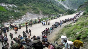 A long queue of people at Ramsu awaiting onwards journey to Jammu on Saturday.