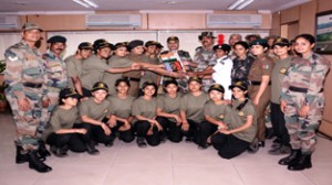 NCC Girls’ Mountaineering expedition team posing with DG, NCC Lt Gen A Chakravarty and other officials at Udhampur on Friday.