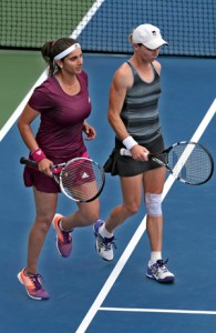 Sania Mirza and Cara Black during the doubles match in the US Open-2014 in New York on Wednesday. (UNI)