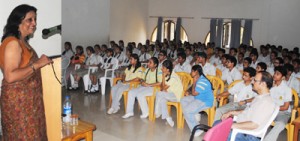 Dr Chand Trehan delivering lecture to students during workshop on life skills and time management at KCIS in Jammu.