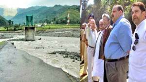 Minister for Planning, Ajay Kumar Sadhotra and Provincial President NC Devender Singh Rana taking stock of damages due to floods on Sunday.