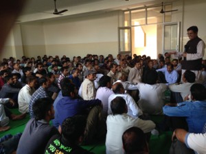 Gulchain Singh Charak addressing a gathering at Bishnah on Sunday.