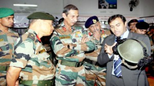 Army Commander, Northern Command, Lt Gen D S Hooda and other officers being briefed about a safety equipment at an exhibition in Udhampur.