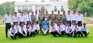 The Vice President, Mohd. Hamid Ansari with the students from District Doda, J&K under aegis of Sadhbhavana educational/ motivation tour, in New Delhi on Thursday.