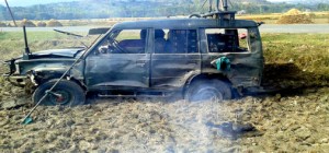 An Army vehicle damaged in an IED blast at Nadihal, Baramulla on Thursday. -Excelsior/Aabid Nabi